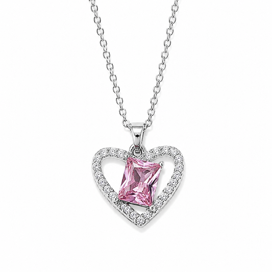 Necklace|Pink Radiant-Cut CZ Heart Pendant Necklace | Romantic Jewelry | Gift for Her