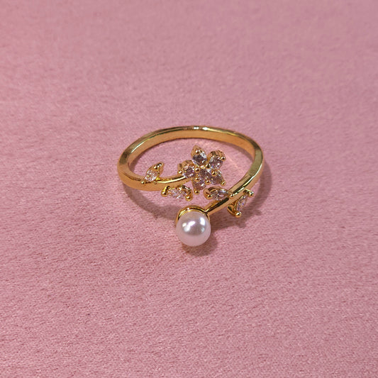 Ring|Blossom Pearl Open Ring – Floral CZ Adjustable Statement Ring | Pearl Flower Jewelry