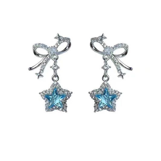 Earrings|Blue Star Bow Dangle Stud Earrings | Sparkling CZ Drop Earrings