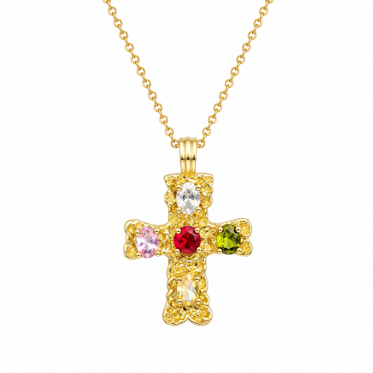 Necklace｜Vintage Gold Cross Pendant Necklace | Multicolor Crystal Statement Necklace