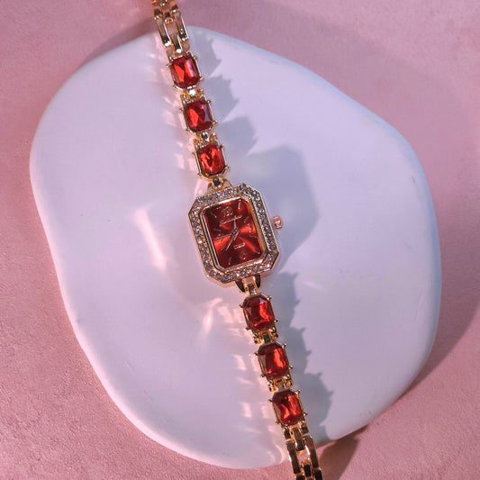 Watch|Luxury Emerald-Cut CZ Bracelet Watch for Women | Vintage Crystal Rectangular Bezel in Rose Gold | Multi-Color Options