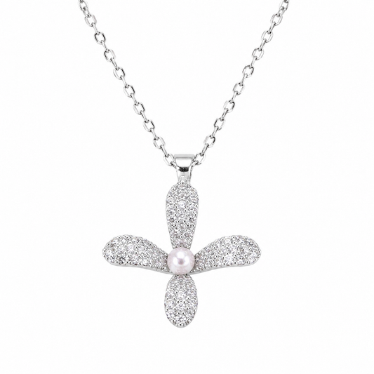 Necklace｜Silver Bloom Pearl Pendant Necklace | Sparkling CZ Floral Charm