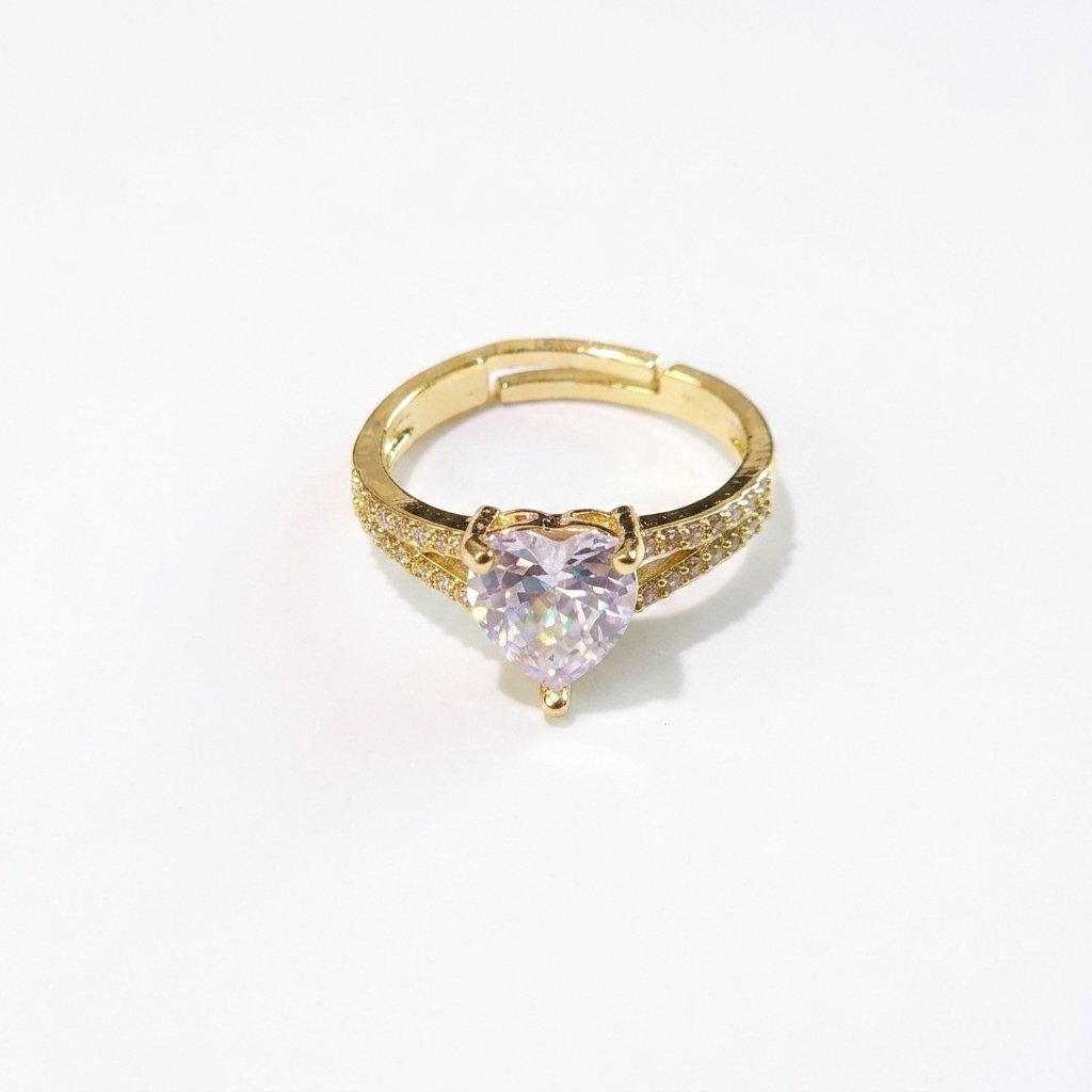 Ring｜Heart-Cut Solitaire CZ Open Ring | Pavé Split Band Ring