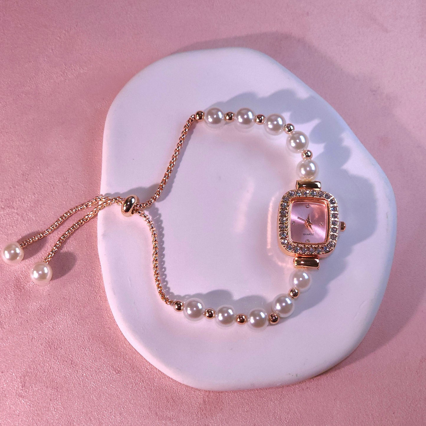 Watch|Elegant Pearl Drawstring Bracelet Watch for Women | Adjustable Bolo Chain Cushion Face | Multi-color Options