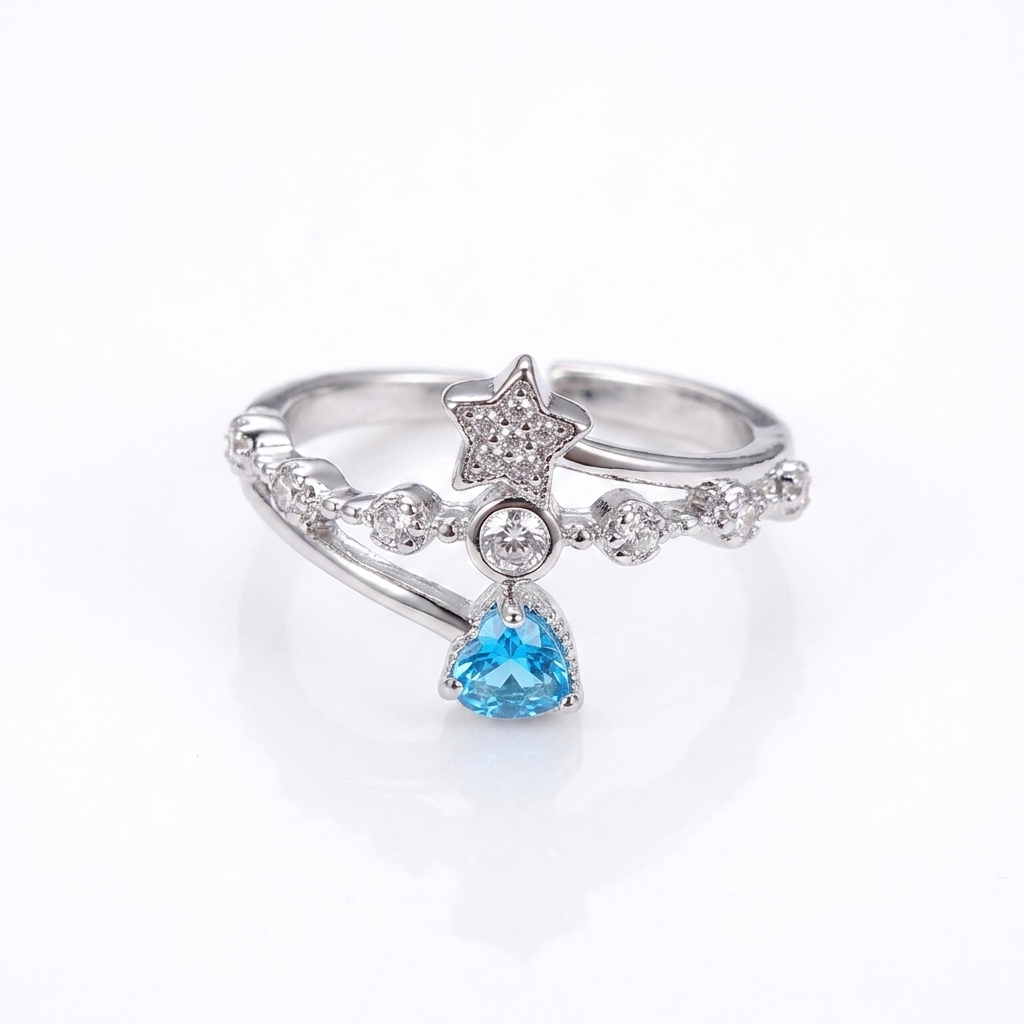 Ring｜Celestial Blue Heart Open Ring | Star Ring | Heart CZ Ring
