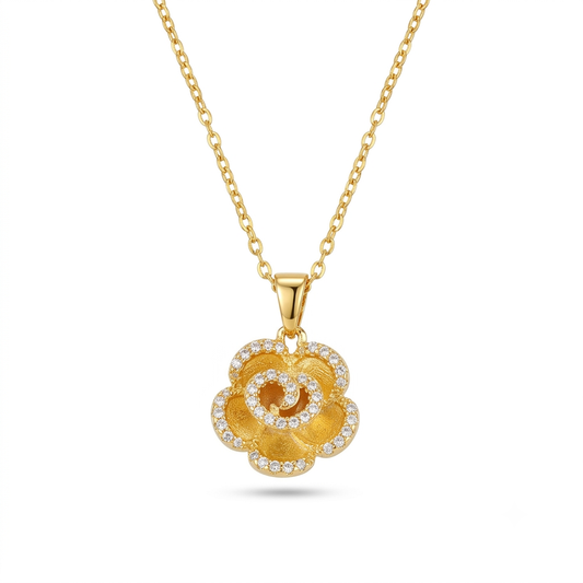Necklace｜Golden Bloom Rose Pendant Necklace | Sparkling CZ Floral Charm