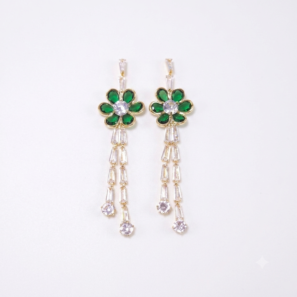 Earrings｜Emerald Green Bloom Tassel Drop Earrings | Floral Statement | Evening Jewelry