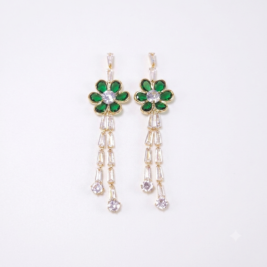 Earrings｜Emerald Green Bloom Tassel Drop Earrings | Floral Statement | Evening Jewelry