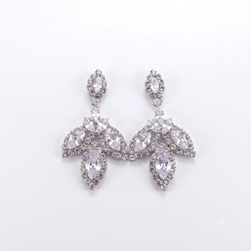 Earrings｜Silver Regal Leaf Drop Earrings | Marquise CZ Statement Sparkle