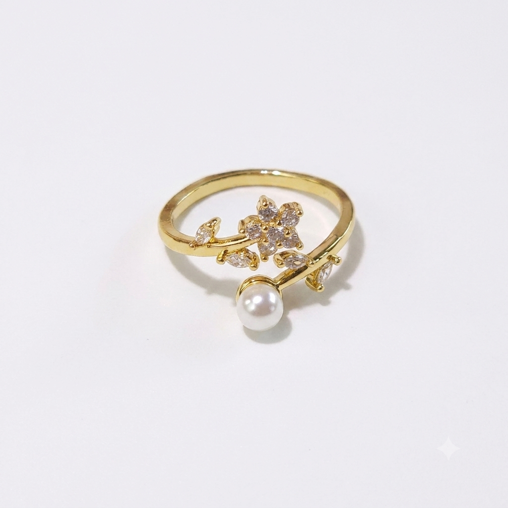 Ring｜Blossom Pearl Open Ring – Floral CZ Adjustable Statement Ring | Pearl Flower Jewelry