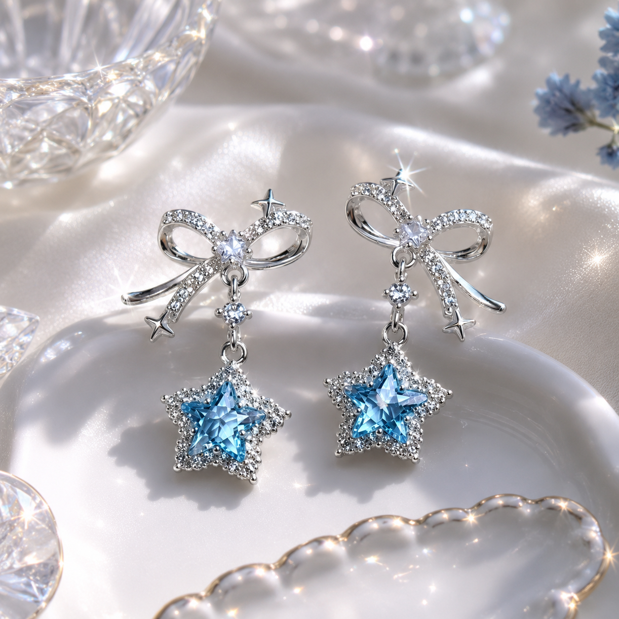 Earrings｜Blue Star Bow Dangle Stud Earrings | Sparkling CZ Drop Earrings