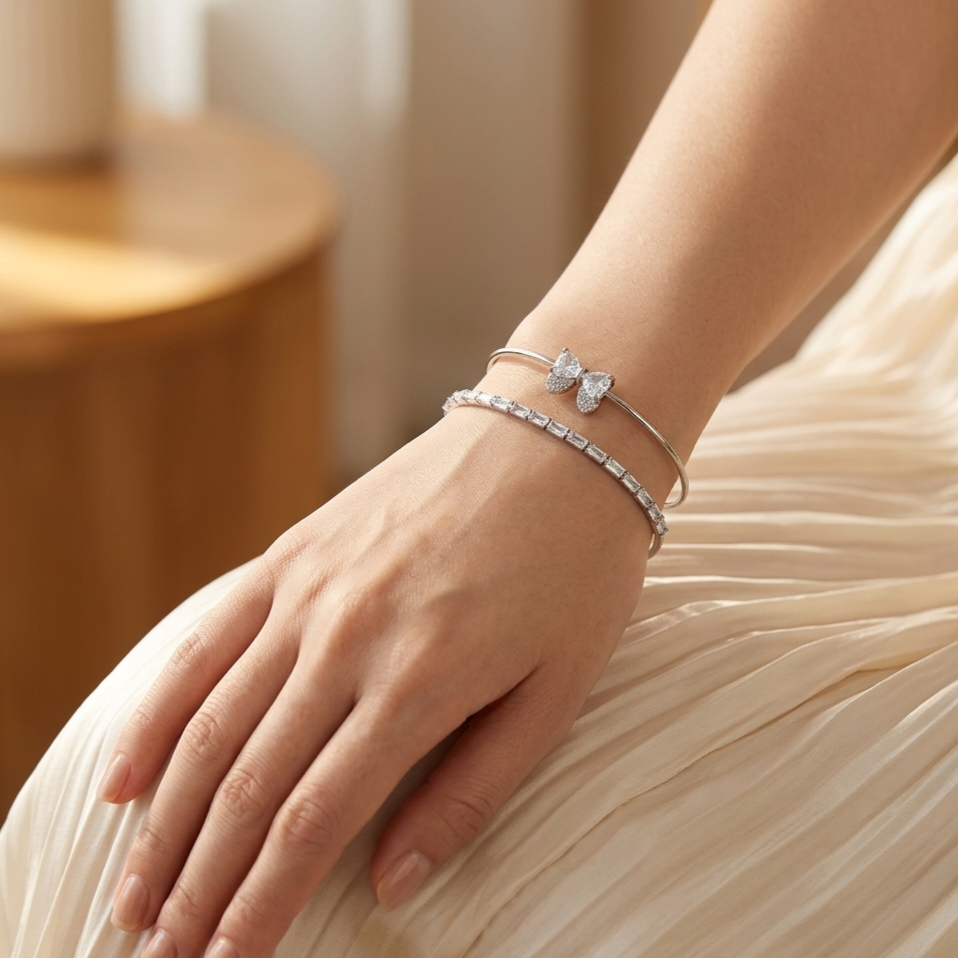 Bangle｜Double Layer Butterfly Cuff Bangle | Sparkling Open Bracelet for Women