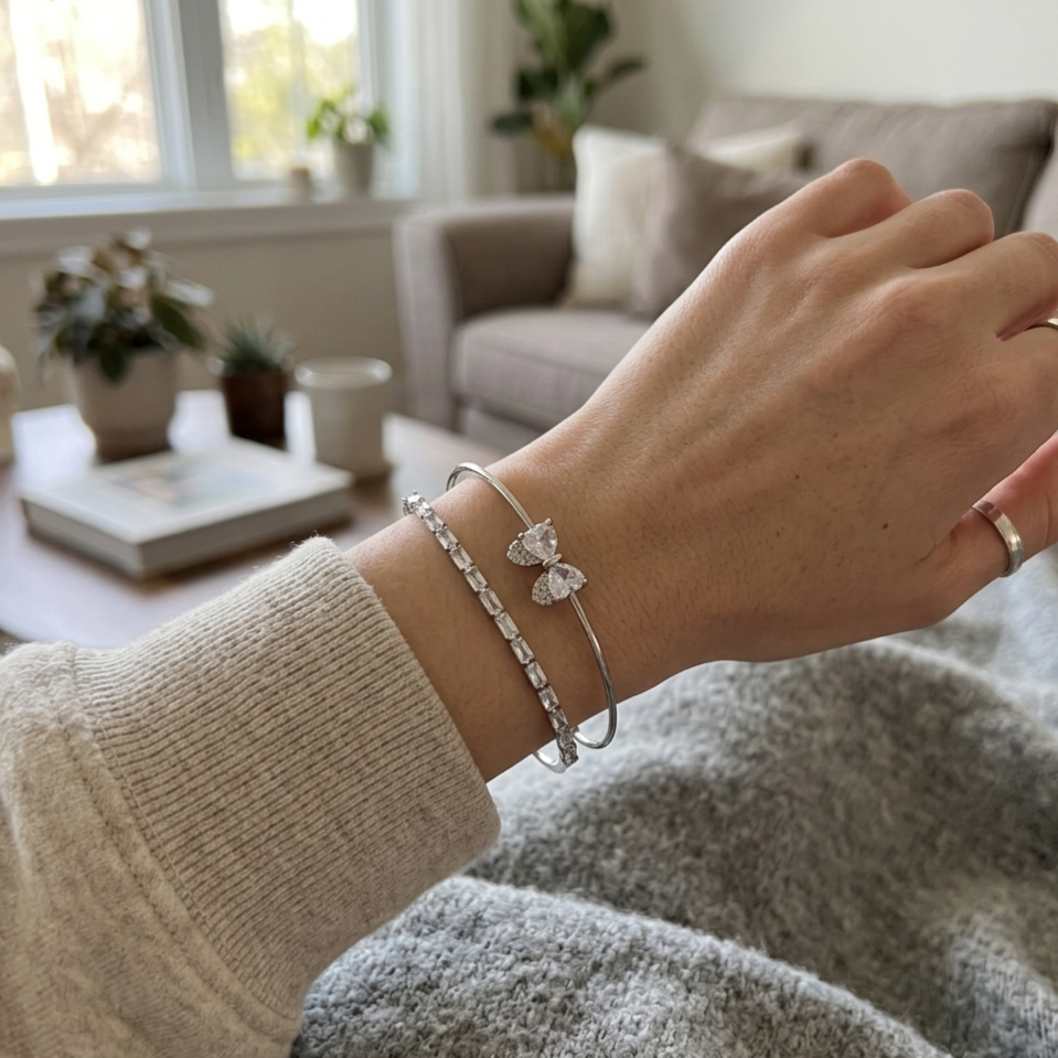 Bangle｜Double Layer Butterfly Cuff Bangle | Sparkling Open Bracelet for Women