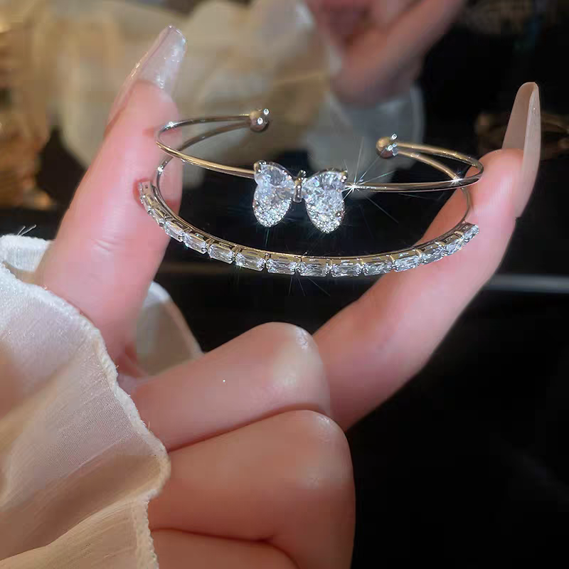 Bangle｜Double Layer Butterfly Cuff Bangle | Sparkling Open Bracelet for Women
