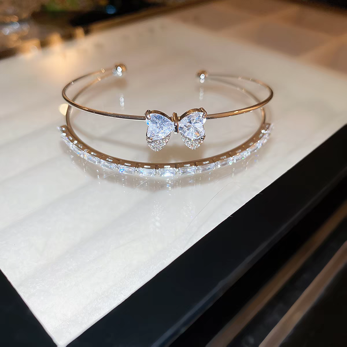 Bangle｜Double Layer Butterfly Cuff Bangle | Sparkling Open Bracelet for Women
