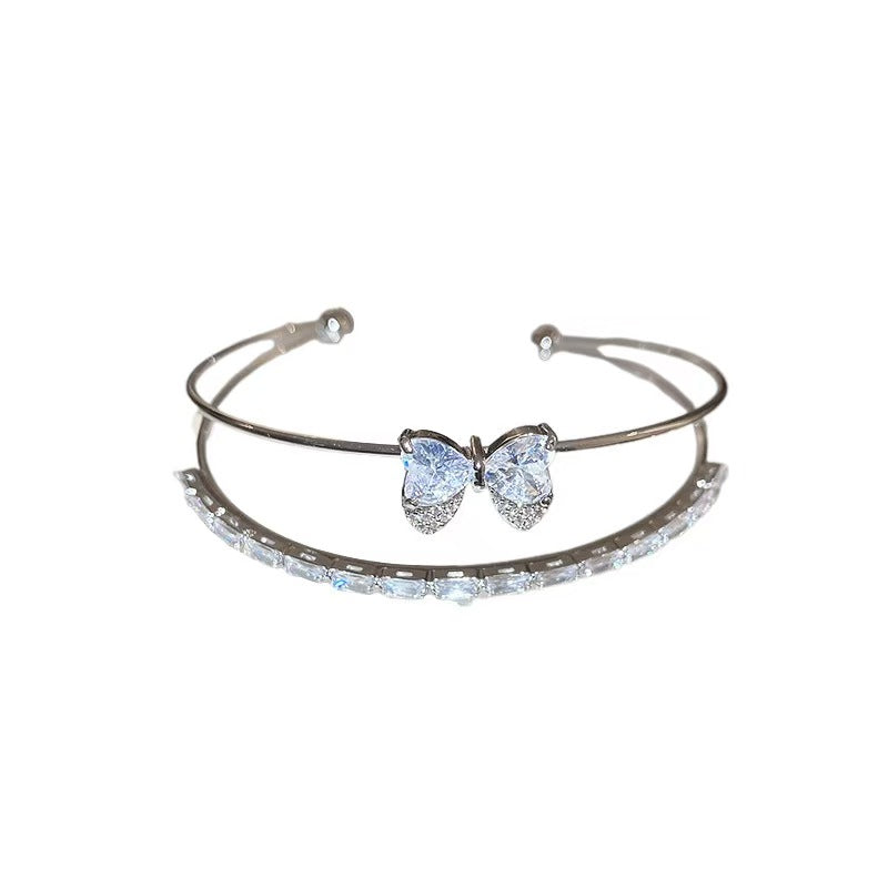 Bangle｜Double Layer Butterfly Cuff Bangle | Sparkling Open Bracelet for Women