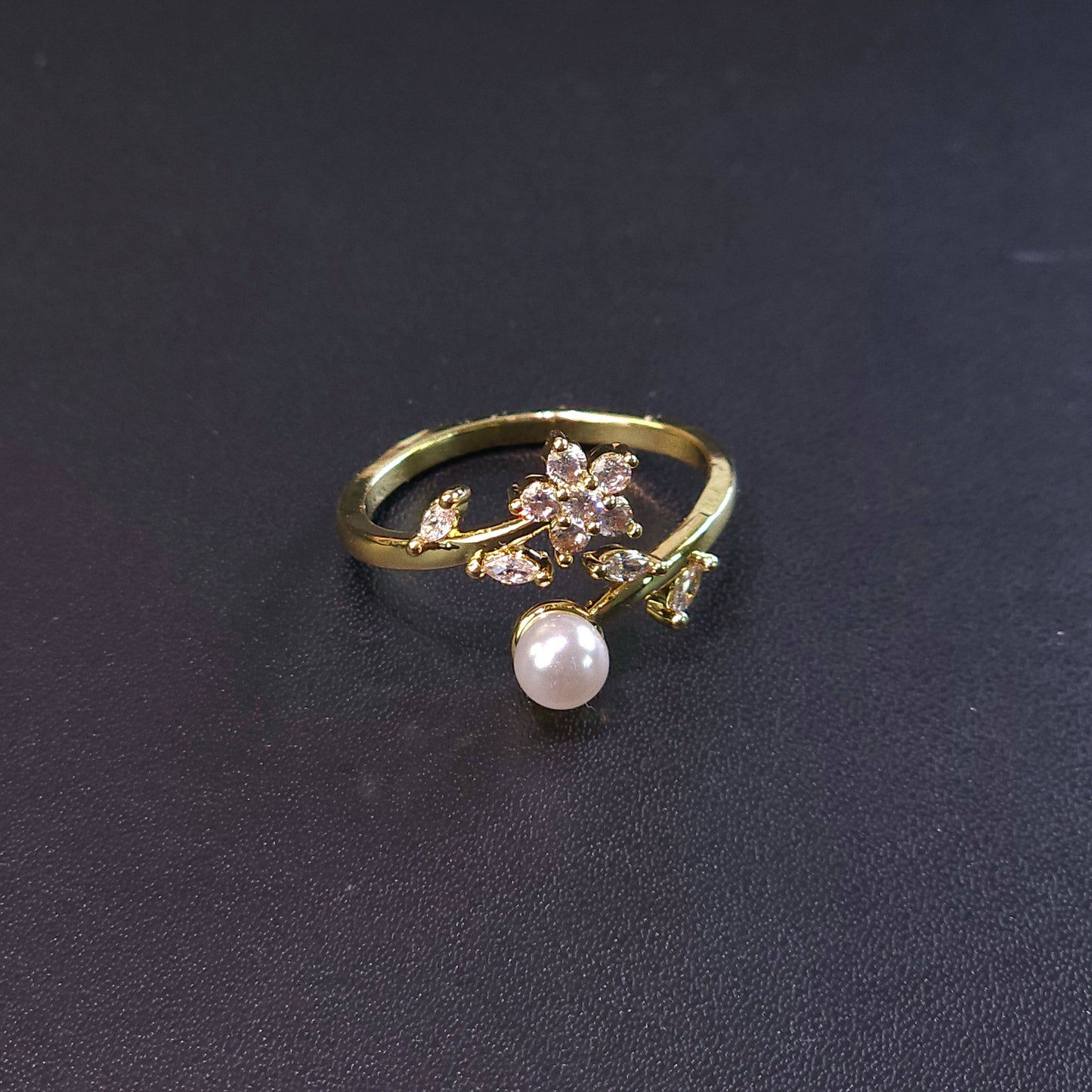 Ring｜Blossom Pearl Open Ring – Floral CZ Adjustable Statement Ring | Pearl Flower Jewelry