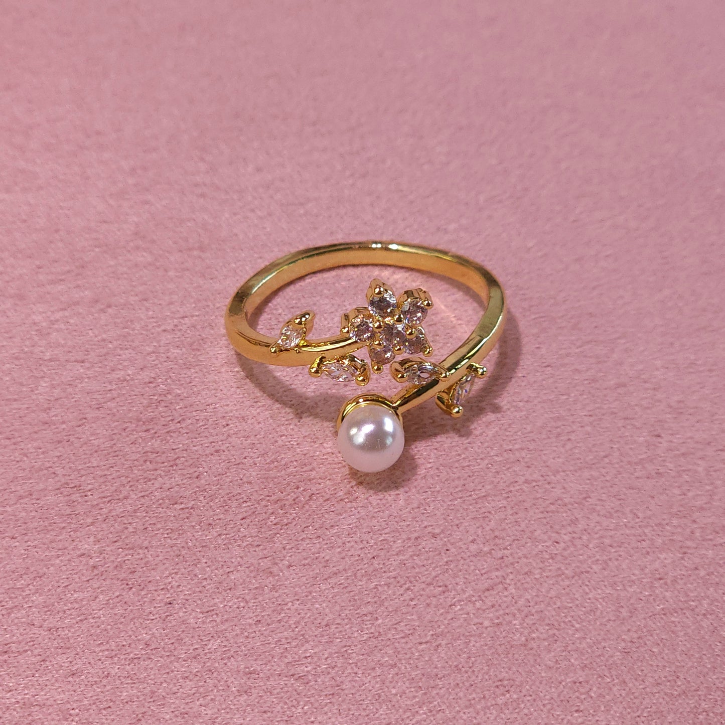 Ring｜Blossom Pearl Open Ring – Floral CZ Adjustable Statement Ring | Pearl Flower Jewelry