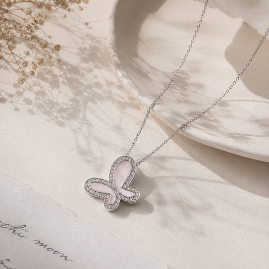 Necklace｜Elegant Butterfly Mother of Pearl Pendant Necklace with CZ Accent