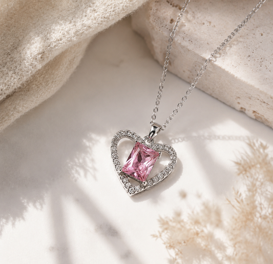 Necklace｜Pink Radiant-Cut CZ Heart Pendant Necklace | Romantic Jewelry | Gift for Her