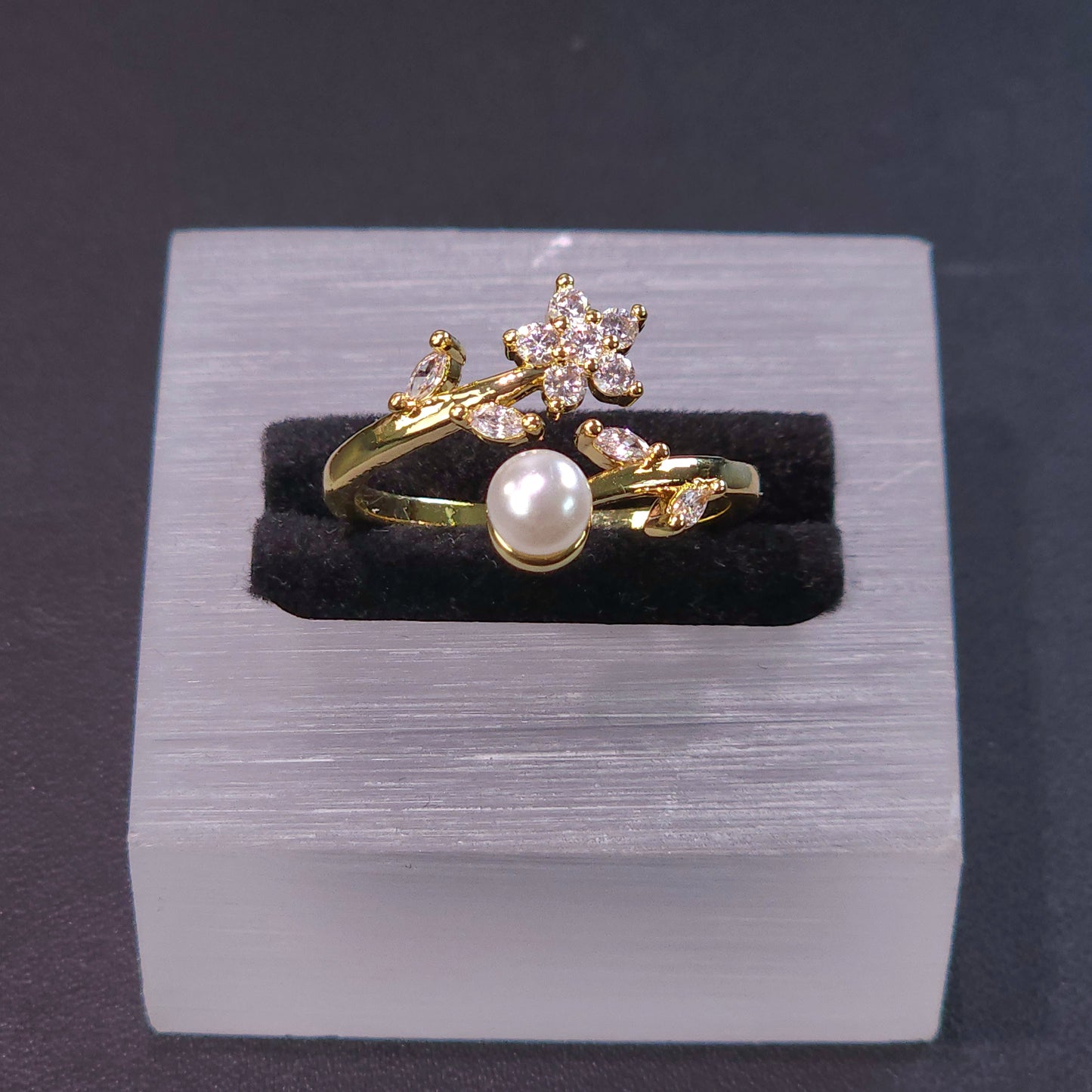 Ring｜Blossom Pearl Open Ring – Floral CZ Adjustable Statement Ring | Pearl Flower Jewelry
