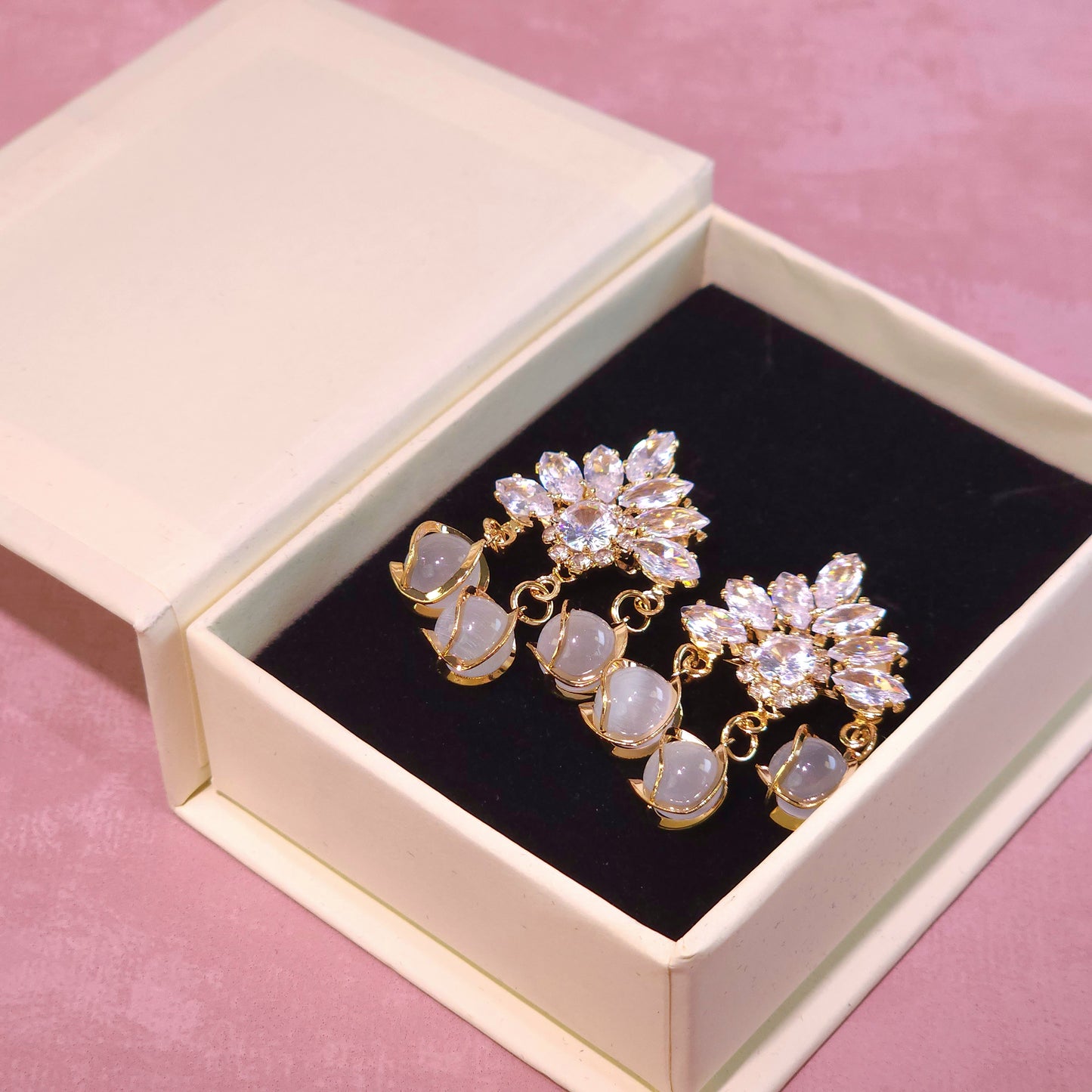 Earrings｜Celestial Bloom Cat's Eye Drop Earrings | Floral Statement | Luxury Jewelry