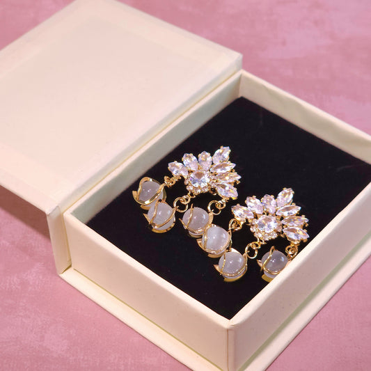 Earrings｜Celestial Bloom Cat's Eye Drop Earrings | Floral Statement | Luxury Jewelry