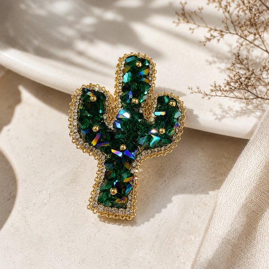 Brooch｜Emerald Green Crystal Cactus Brooch | Nature Jewelry