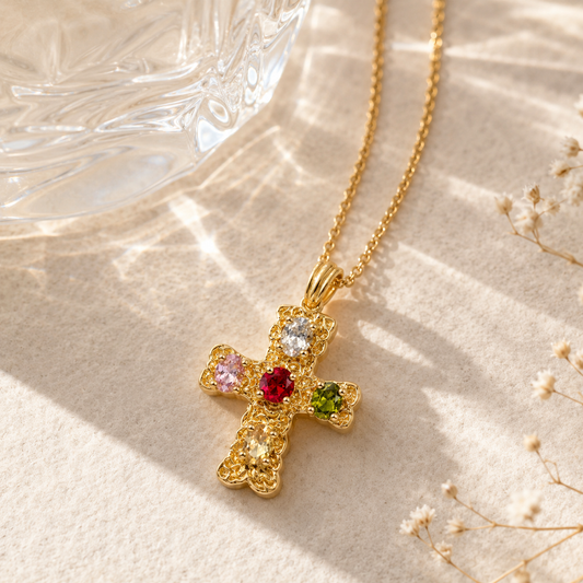 Necklace｜Vintage Gold Cross Pendant Necklace | Multicolor Crystal Statement Necklace