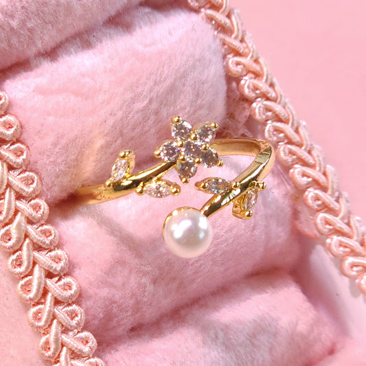 Ring｜Blossom Pearl Open Ring – Floral CZ Adjustable Statement Ring | Pearl Flower Jewelry