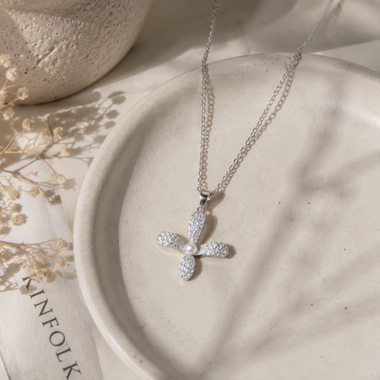 Necklace｜Silver Bloom Pearl Pendant Necklace | Sparkling CZ Floral Charm