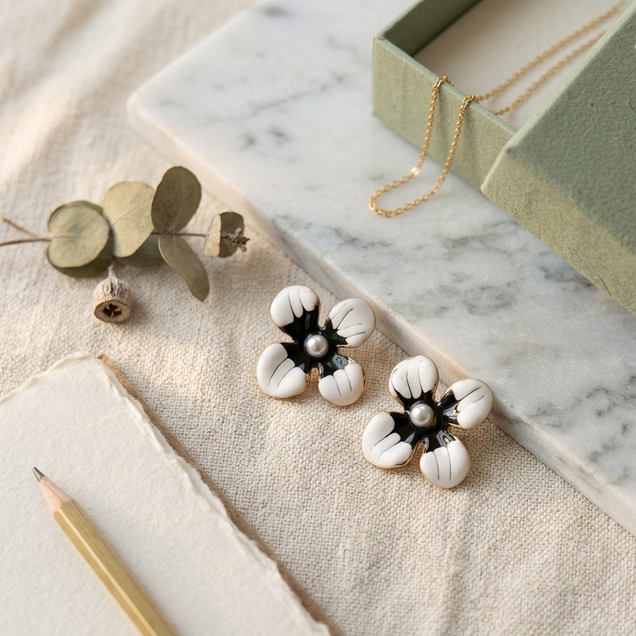 Earrings｜Monochrome Blossom Pearl Stud Earrings | Black & White Flower Earrings | Floral Studs