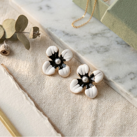 Earrings｜Monochrome Blossom Pearl Stud Earrings | Black & White Flower Earrings | Floral Studs