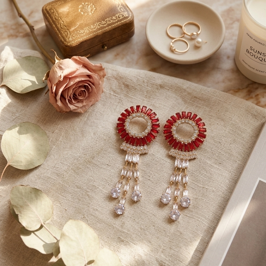 Earrings｜Crimson Bloom Tassel Earrings | Floral Statement | Evening Jewelry