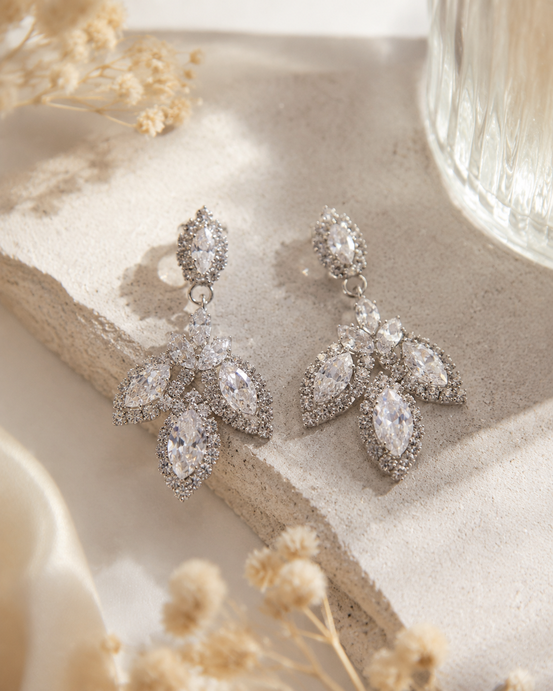 Earrings｜Silver Regal Leaf Drop Earrings | Marquise CZ Statement Sparkle