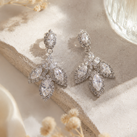 Earrings｜Silver Regal Leaf Drop Earrings | Marquise CZ Statement Sparkle