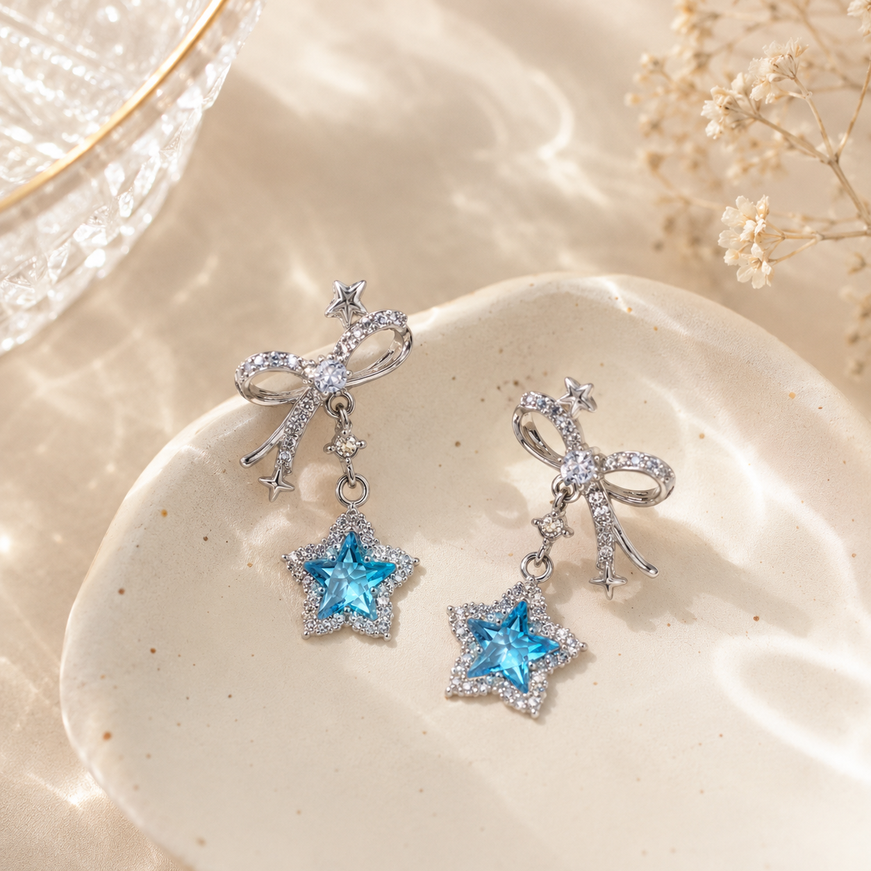 Earrings｜Blue Star Bow Dangle Stud Earrings | Sparkling CZ Drop Earrings