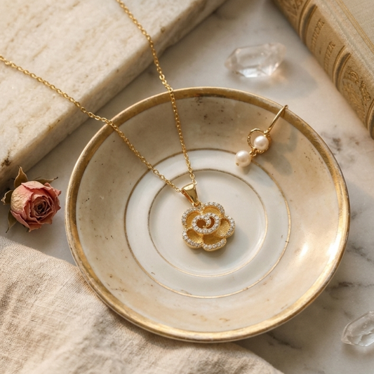 Necklace｜Golden Bloom Rose Pendant Necklace | Sparkling CZ Floral Charm