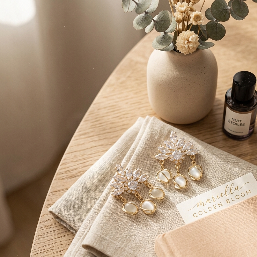 Earrings｜Celestial Bloom Cat's Eye Drop Earrings | Floral Statement | Luxury Jewelry