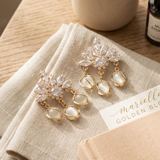Earrings｜Celestial Bloom Cat's Eye Drop Earrings | Floral Statement | Luxury Jewelry