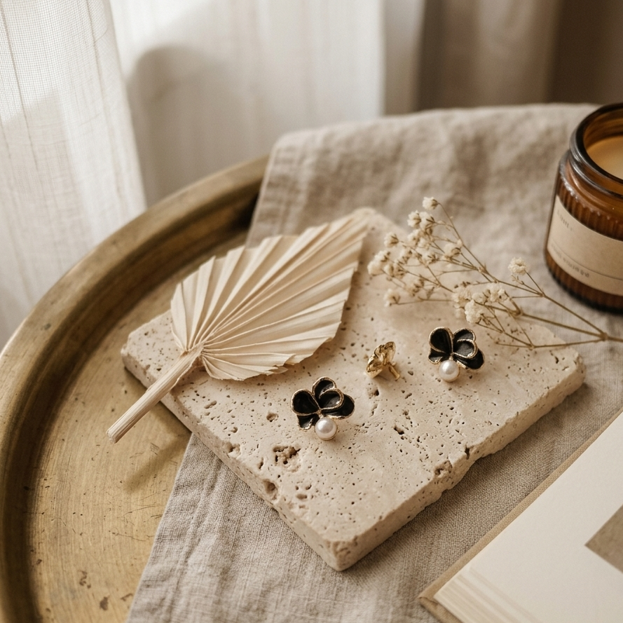 Earrings｜Midnight Bloom Pearl Floral Stud Earrings | Black Flower Earrings | Pearl Studs