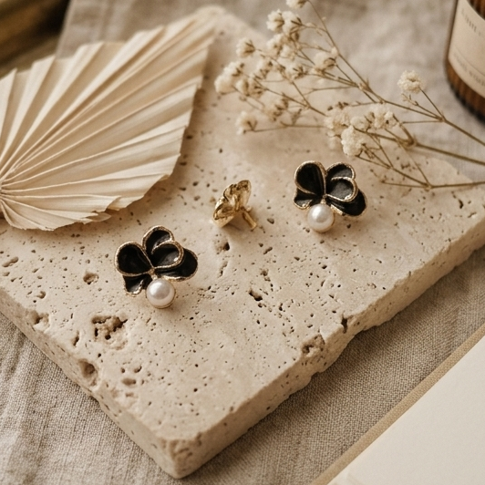 Earrings｜Midnight Bloom Pearl Floral Stud Earrings | Black Flower Earrings | Pearl Studs