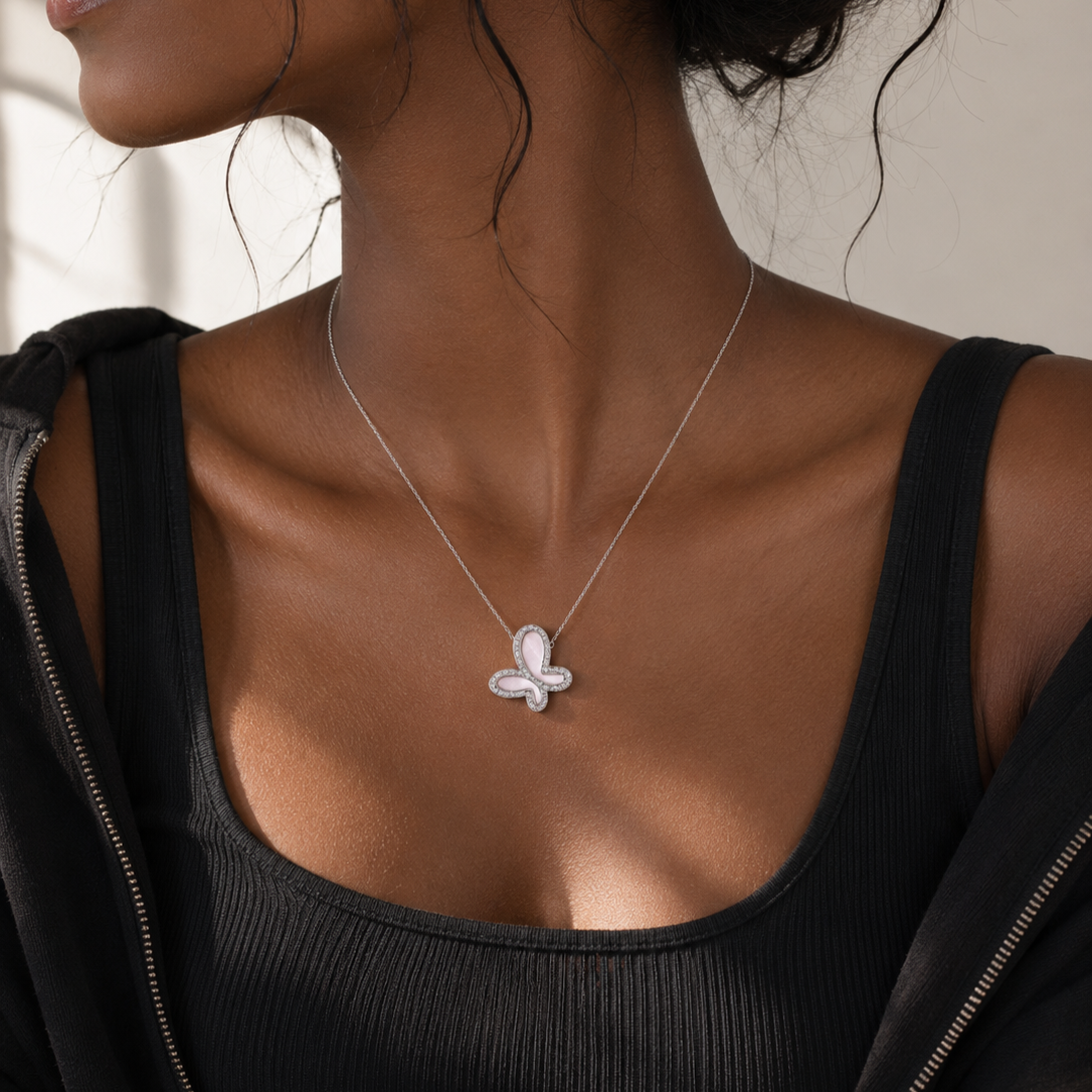 Necklace｜Elegant Butterfly Mother of Pearl Pendant Necklace with CZ Accent