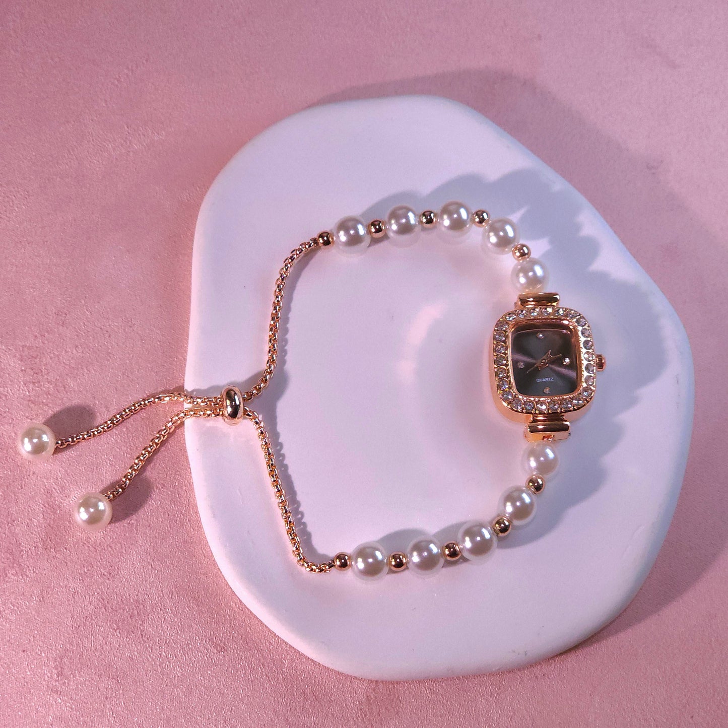Watch|Elegant Pearl Drawstring Bracelet Watch for Women | Adjustable Bolo Chain Cushion Face | Multi-color Options