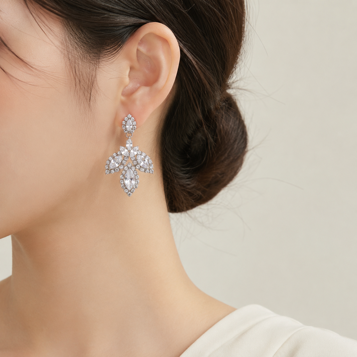 Earrings｜Silver Regal Leaf Drop Earrings | Marquise CZ Statement Sparkle