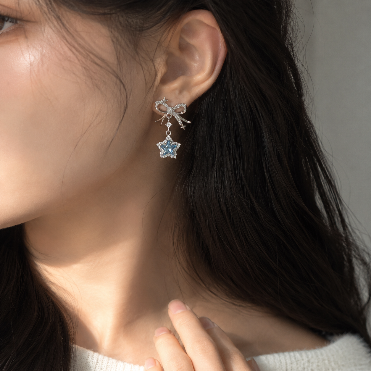 Earrings｜Blue Star Bow Dangle Stud Earrings | Sparkling CZ Drop Earrings