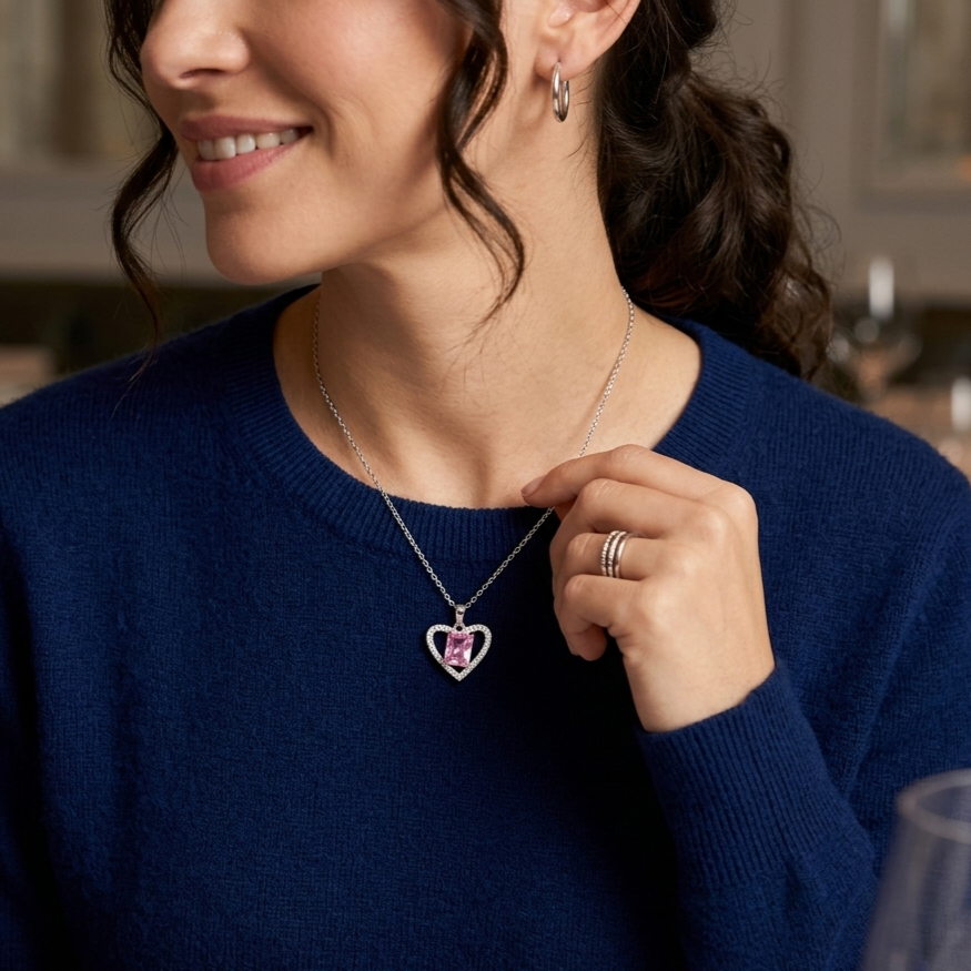 Necklace｜Pink Radiant-Cut CZ Heart Pendant Necklace | Romantic Jewelry | Gift for Her