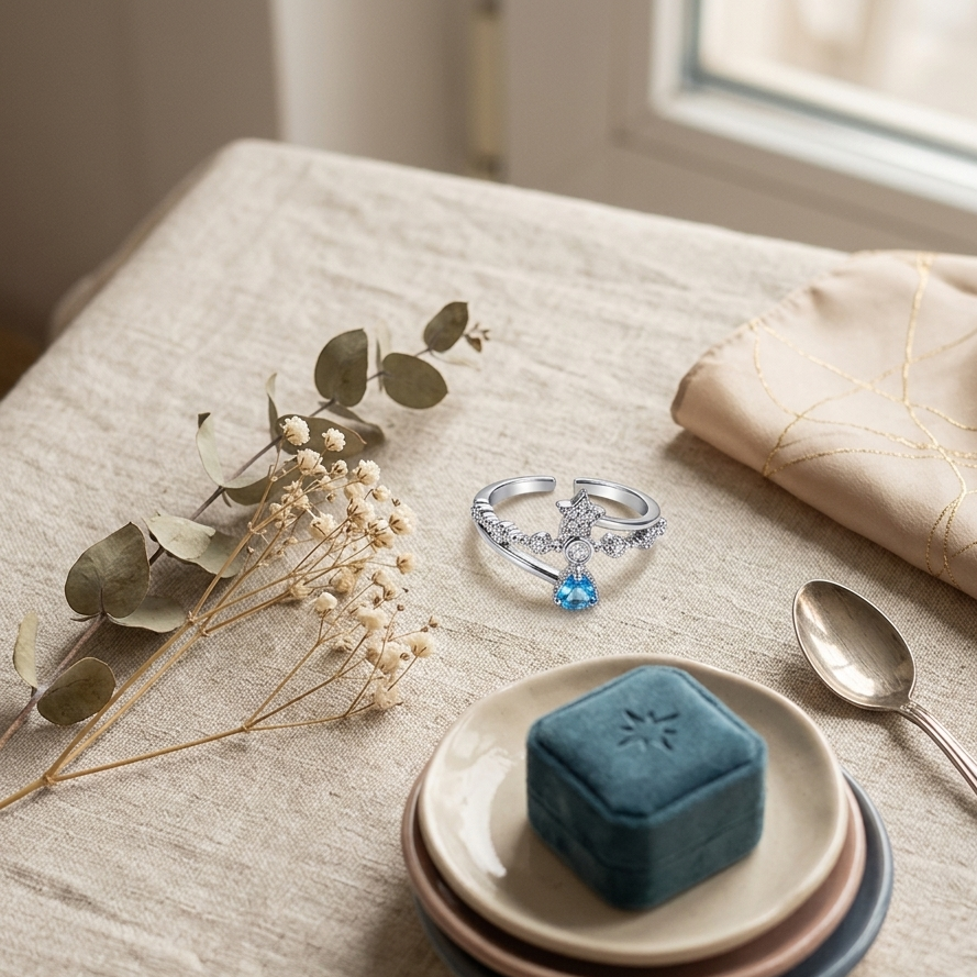 Ring｜Celestial Blue Heart Open Ring | Star Ring | Heart CZ Ring