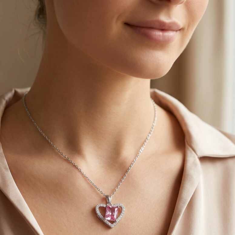 Necklace｜Pink Radiant-Cut CZ Heart Pendant Necklace | Romantic Jewelry | Gift for Her