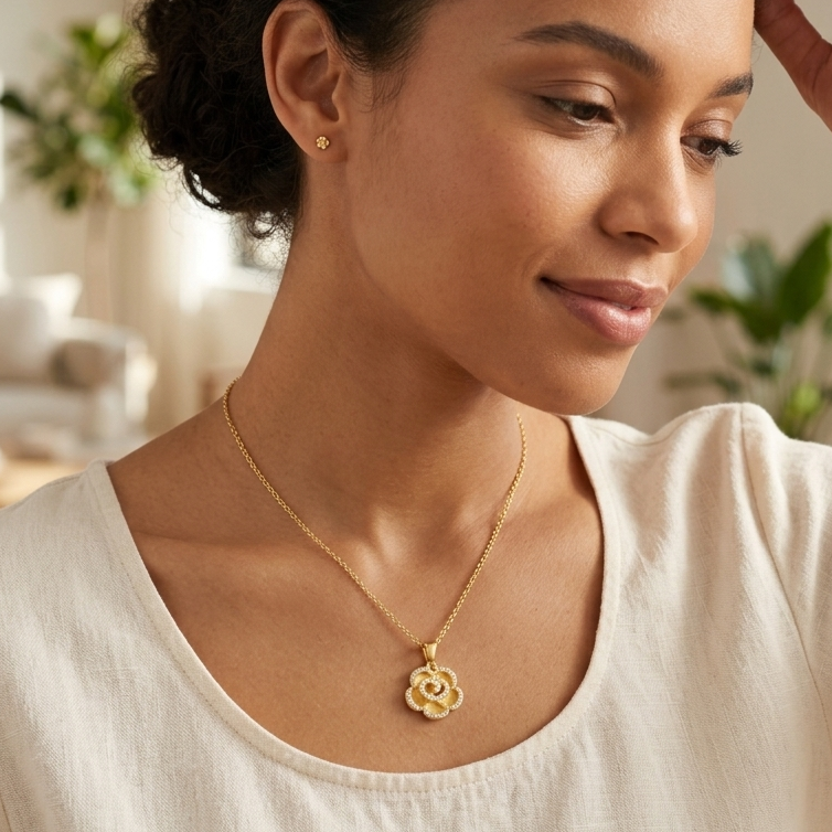 Necklace｜Golden Bloom Rose Pendant Necklace | Sparkling CZ Floral Charm
